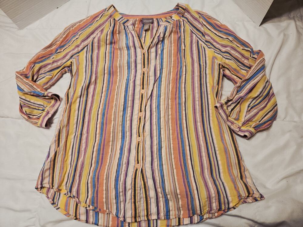 Chico's Sz 1 Women 3/4 Sleeve Button Up Shirt Striped Colorful Vneck Fairy Casua
